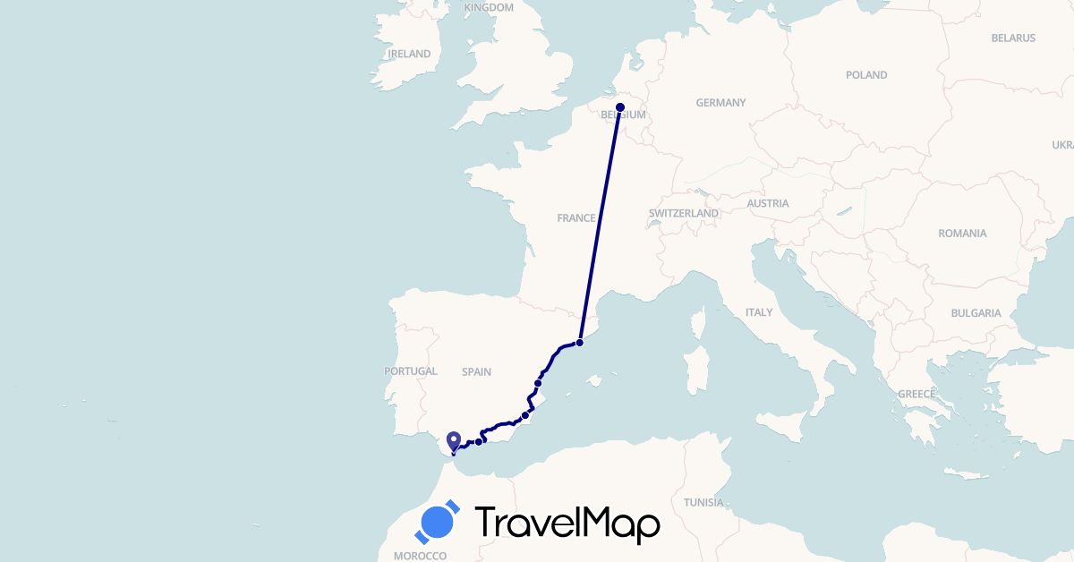 TravelMap itinerary: driving in Belgium, Spain, Gibraltar (Europe)